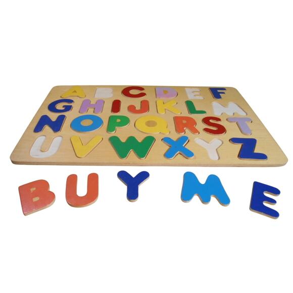 Vintage Wooden Alphabet Puzzle Board Capital Letters ABCs 26 Pieces - Picture 1 of 4